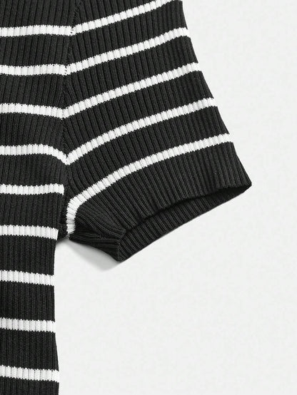 Lined Cashmere Blend Knit Sweater Turndown Collar Stripe