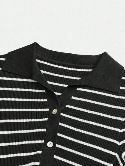 Lined Cashmere Blend Knit Sweater Turndown Collar Stripe