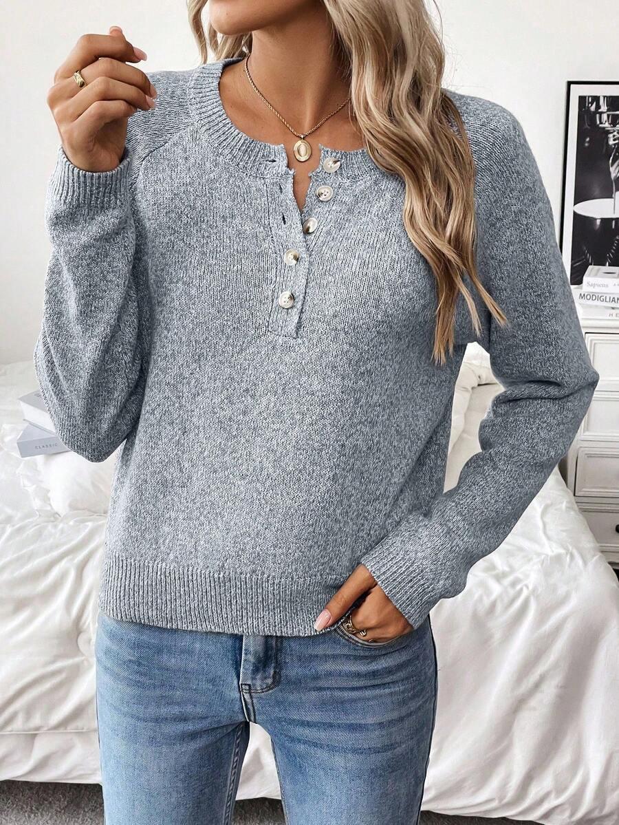 Cozy Knit Sweater With Half Zip Button Front Versatile