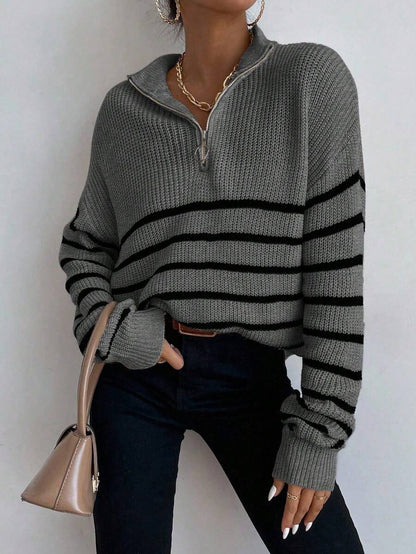 Autumn Striped Zip Up Drop Shoulder Long Sleeve Pullover