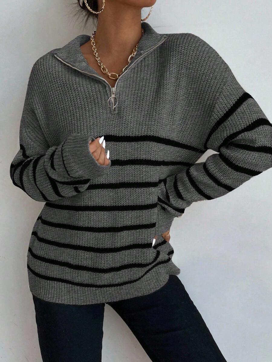 Autumn Striped Zip Up Drop Shoulder Long Sleeve Pullover