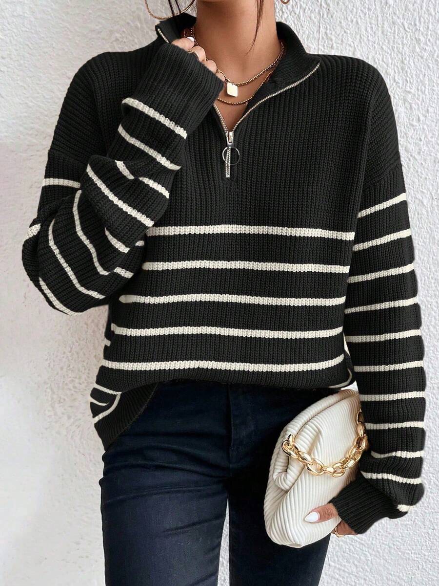 Autumn Striped Zip Up Drop Shoulder Long Sleeve Pullover