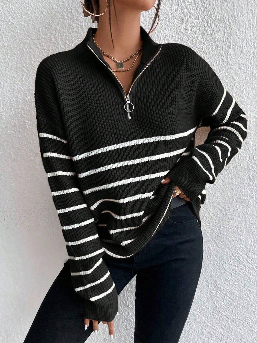 Autumn Striped Zip Up Drop Shoulder Long Sleeve Pullover