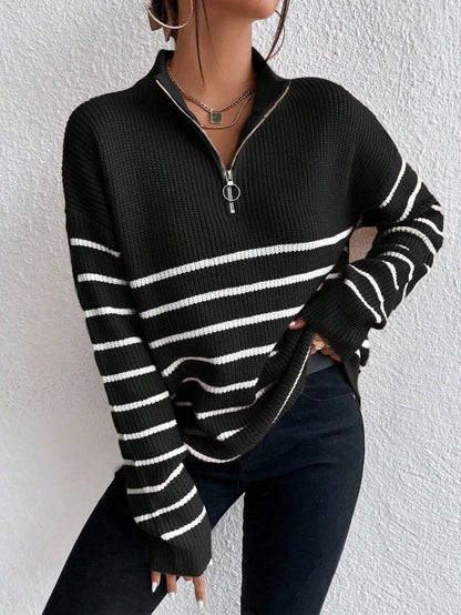 Autumn Striped Zip Up Drop Shoulder Long Sleeve Pullover