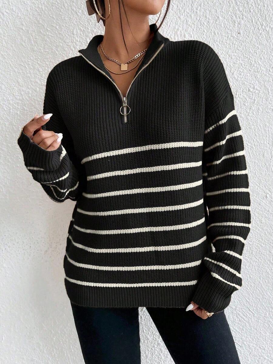Autumn Striped Zip Up Drop Shoulder Long Sleeve Pullover