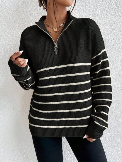 Autumn Striped Zip Up Drop Shoulder Long Sleeve Pullover