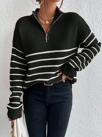 Autumn Striped Zip Up Drop Shoulder Long Sleeve Pullover