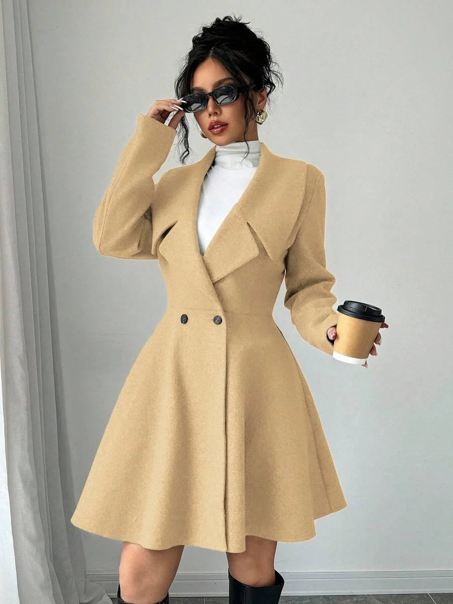 Elegant Minimalist Wool Overcoat With Waterfall Neckline