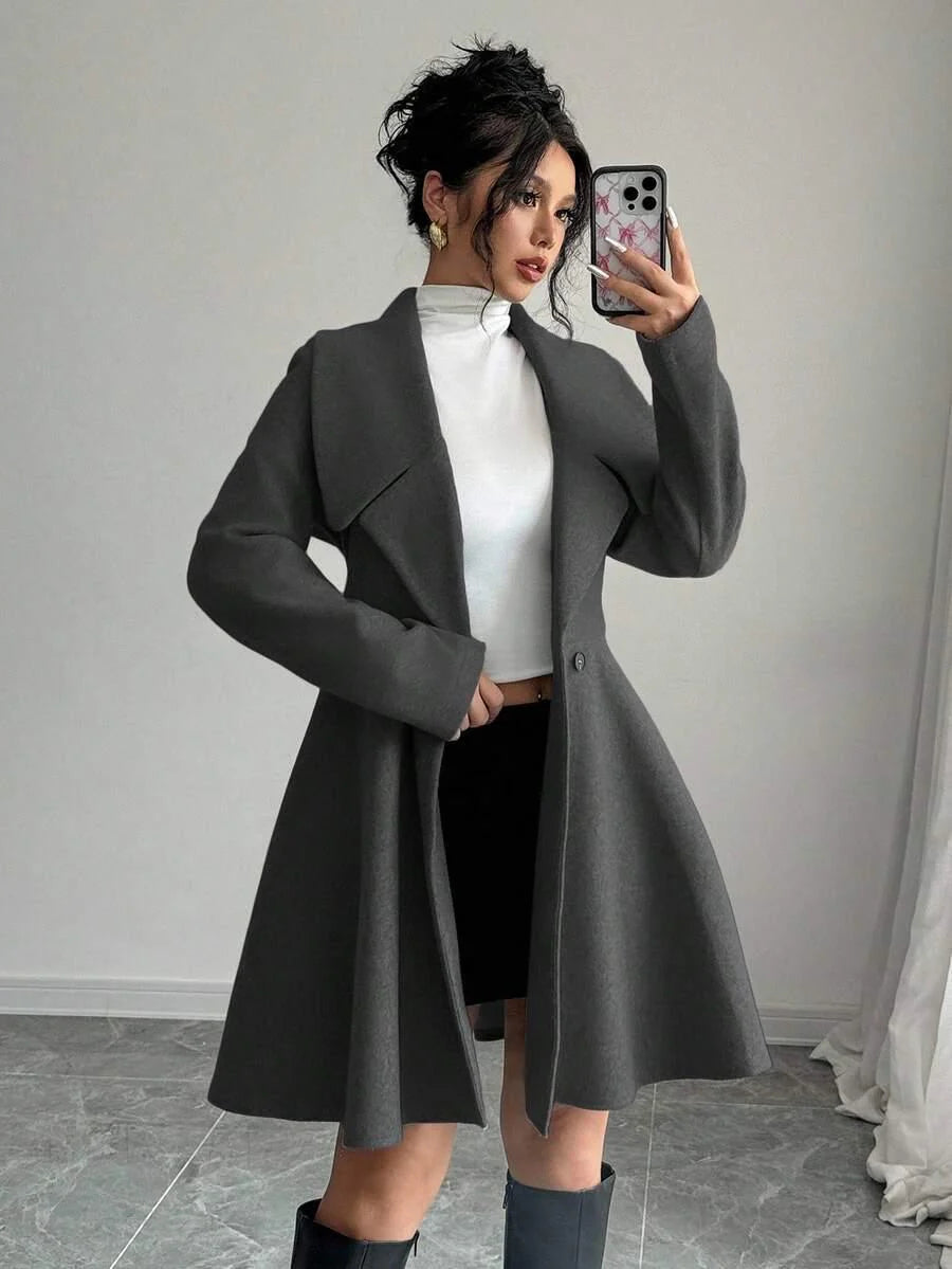 Elegant Minimalist Wool Overcoat With Waterfall Neckline