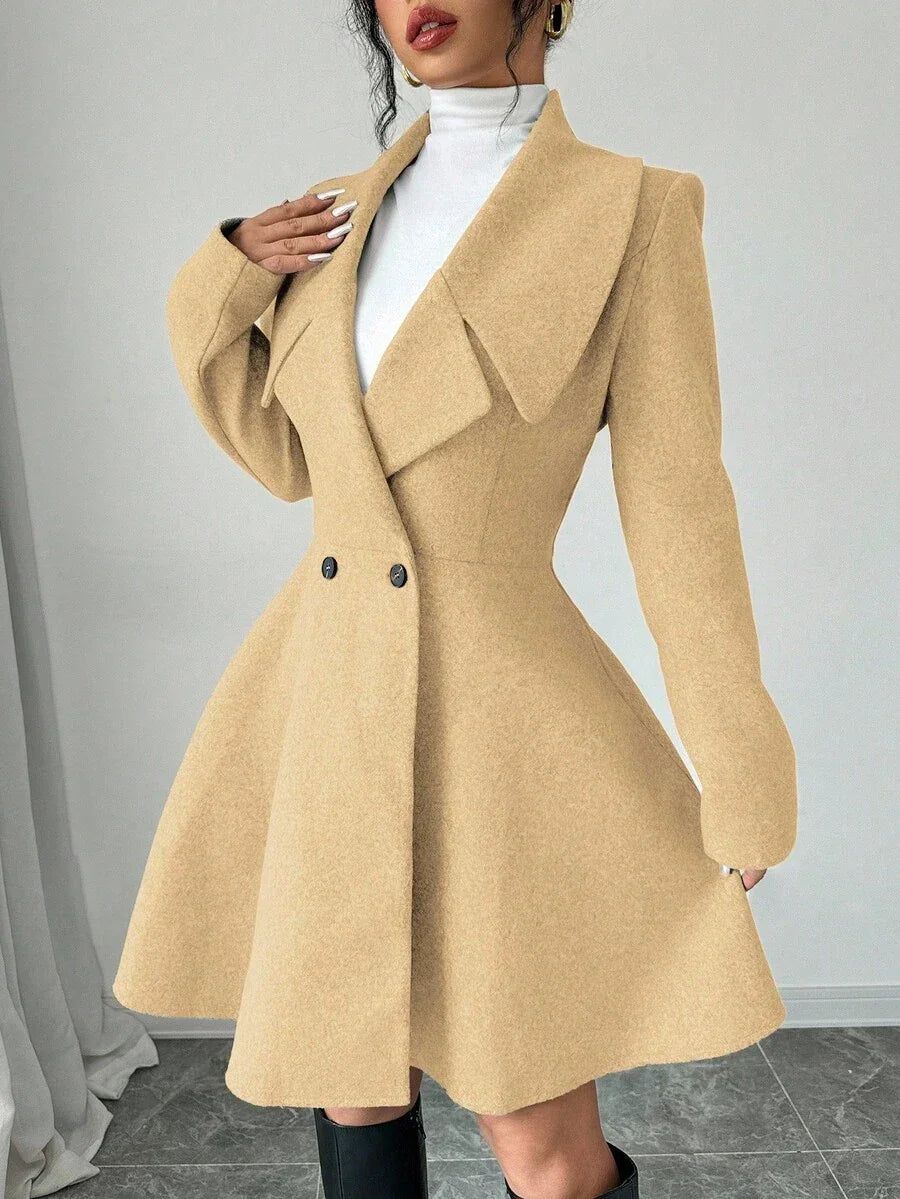Elegant Minimalist Wool Overcoat With Waterfall Neckline
