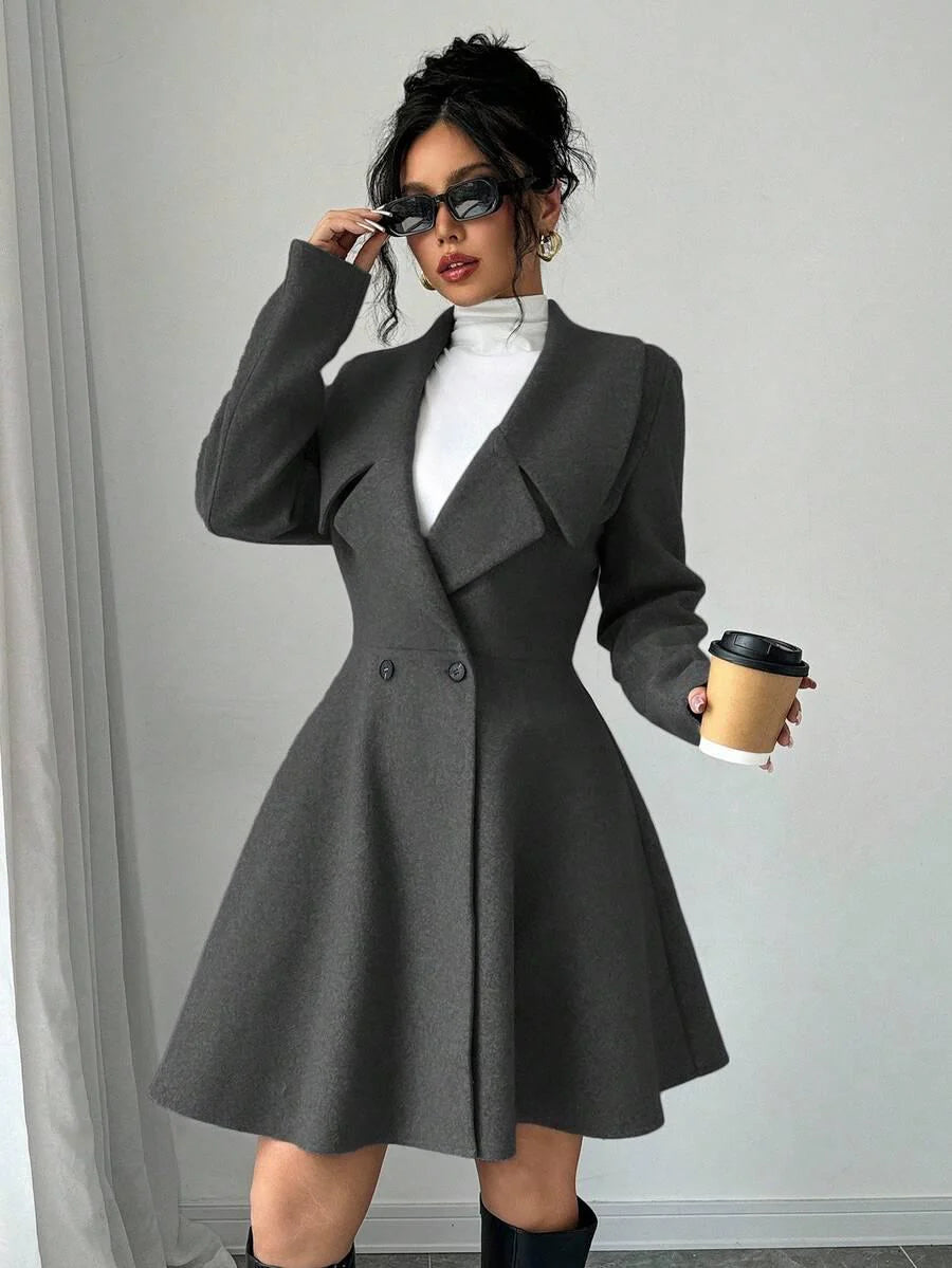 Elegant Minimalist Wool Overcoat With Waterfall Neckline