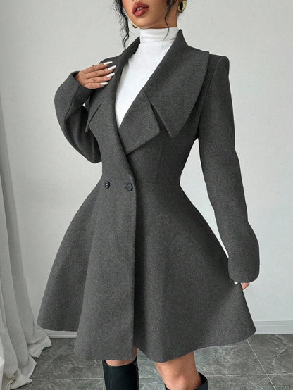 Elegant Minimalist Wool Overcoat With Waterfall Neckline