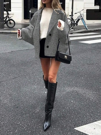 Open Shoulder Wool Jacket With High Collar And Lapel
