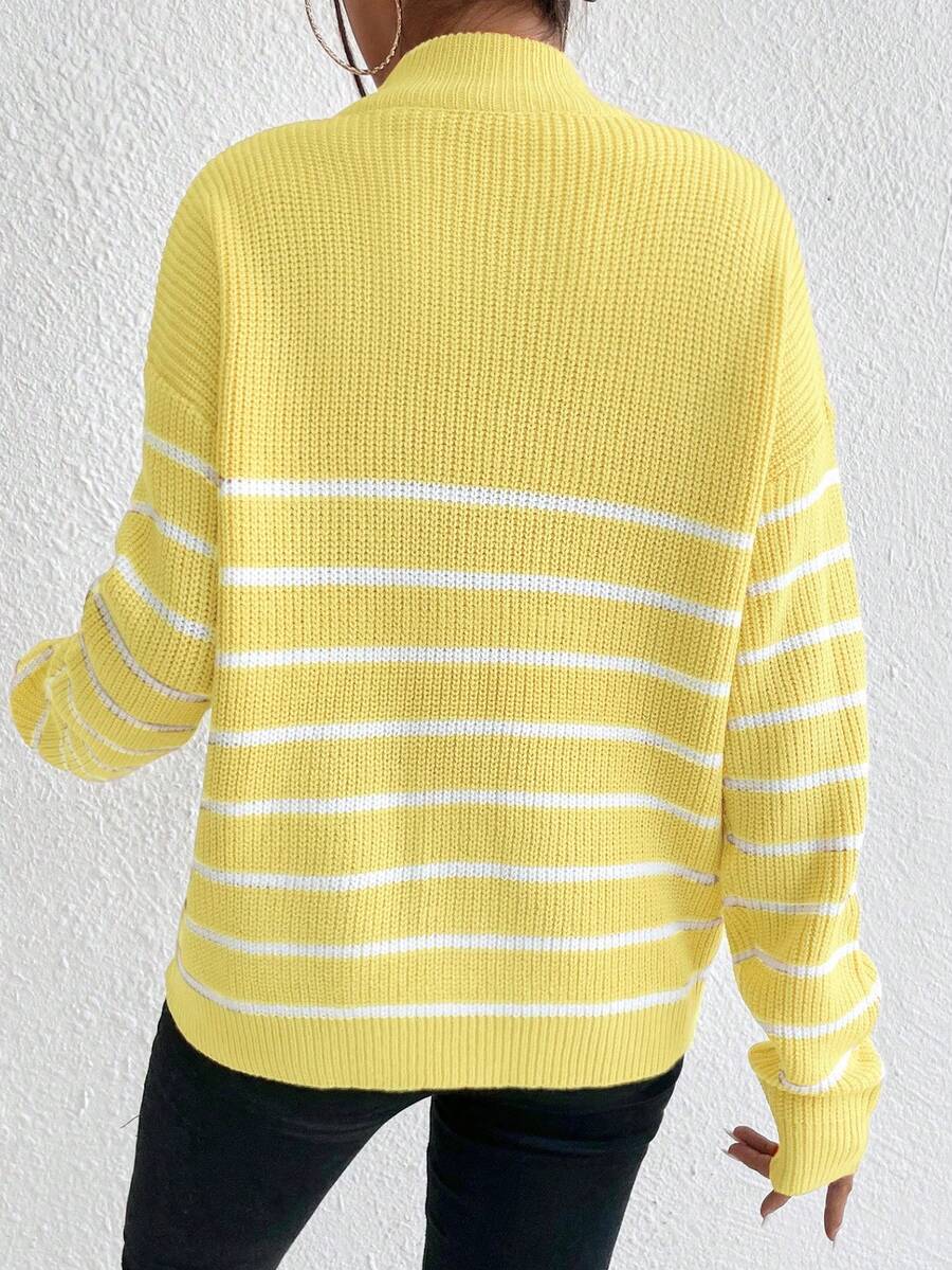 Autumn Striped Zip Up Drop Shoulder Long Sleeve Pullover