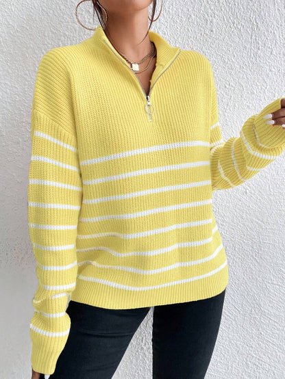 Autumn Striped Zip Up Drop Shoulder Long Sleeve Pullover
