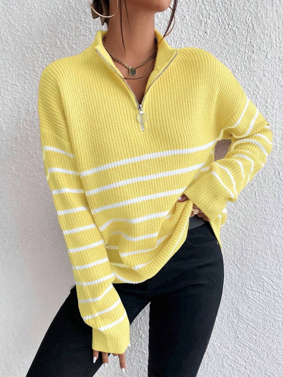 Autumn Striped Zip Up Drop Shoulder Long Sleeve Pullover