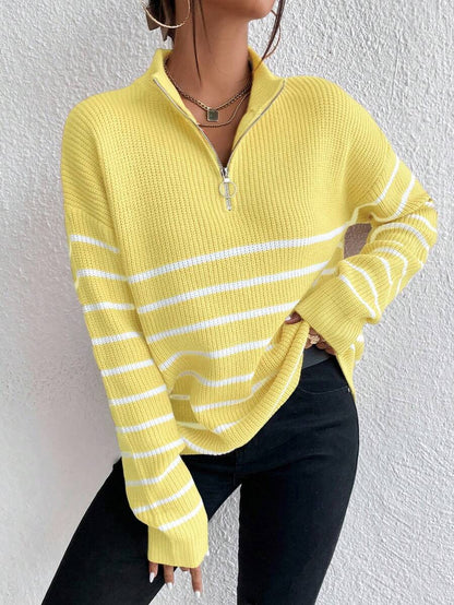 Autumn Striped Zip Up Drop Shoulder Long Sleeve Pullover