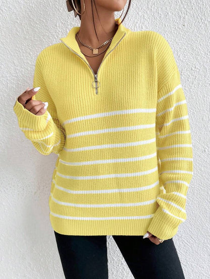Autumn Striped Zip Up Drop Shoulder Long Sleeve Pullover