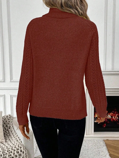 White Pointelle Hollow Out Raglan Sleeve Pullover Sweater Cozy Winter Casual Knit For Daily Wear
