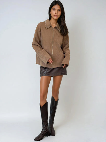 Beaded Collar Zip Front Jacket With Casual Loose Fit