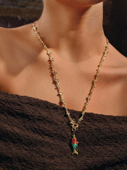Colorful Rhinestone Fish Necklace Vintage Ocean Charm