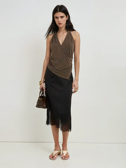 Elegant Black Asymmetrical Lace Hem Skirt With Fringe Plaid A Line For Night Out And Party Wear
