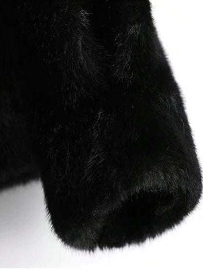 Elegant Black Faux Fur Coat For Women Stand Collar Long Sleeve Regular Fit Winter Wardrobe Essential