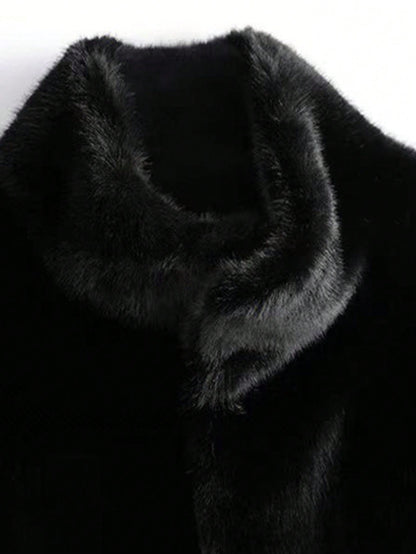 Elegant Black Faux Fur Coat For Women Stand Collar Long Sleeve Regular Fit Winter Wardrobe Essential