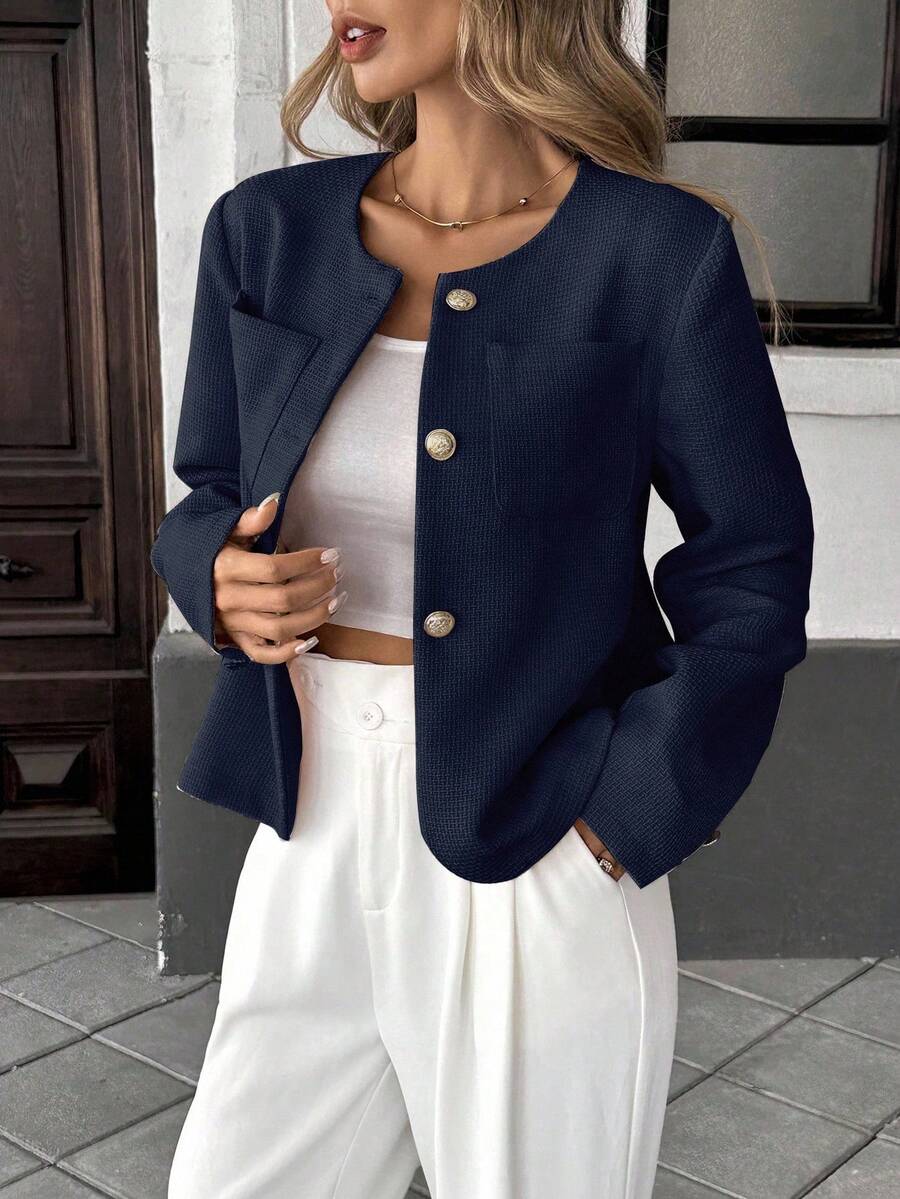 Round Neck Long Sleeve Jacket for Women Regular Fit Casual Outerwear Spring Summer