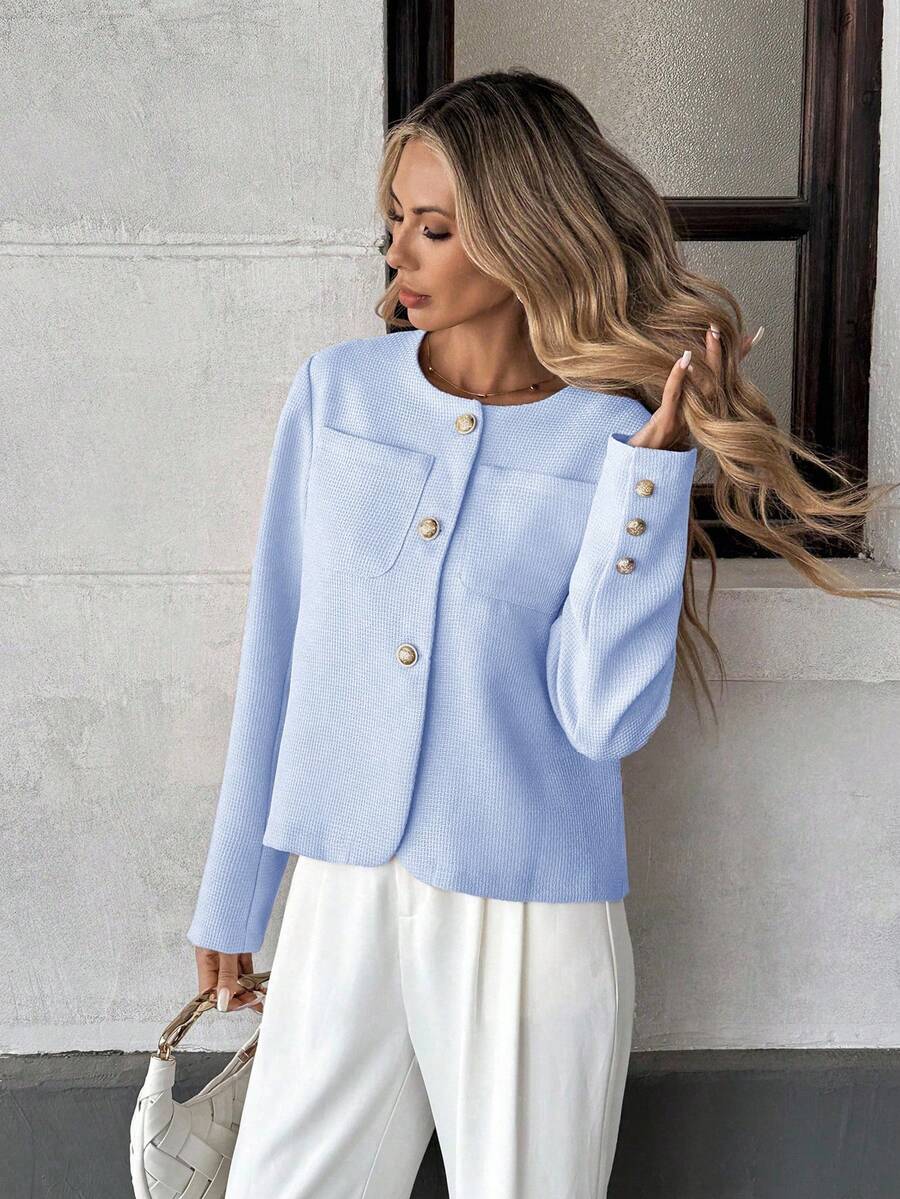 Round Neck Long Sleeve Jacket for Women Regular Fit Casual Outerwear Spring Summer