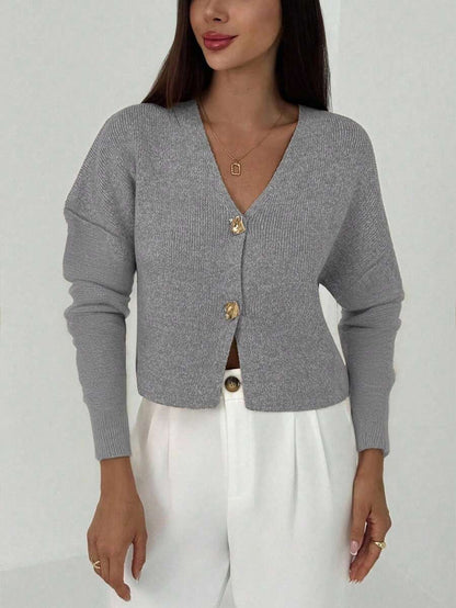 V Neck Long Sleeve Button Front Knit Cardigan