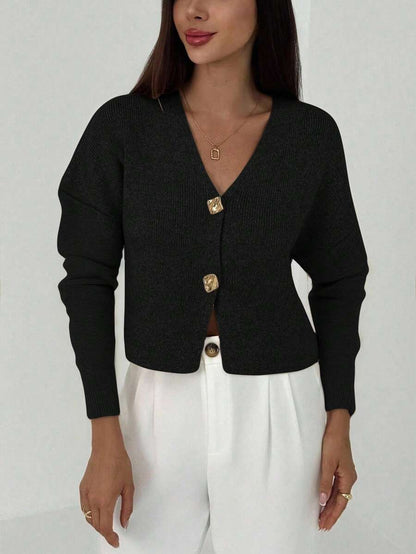 V Neck Long Sleeve Button Front Knit Cardigan
