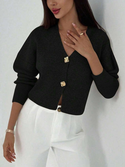 V Neck Long Sleeve Button Front Knit Cardigan