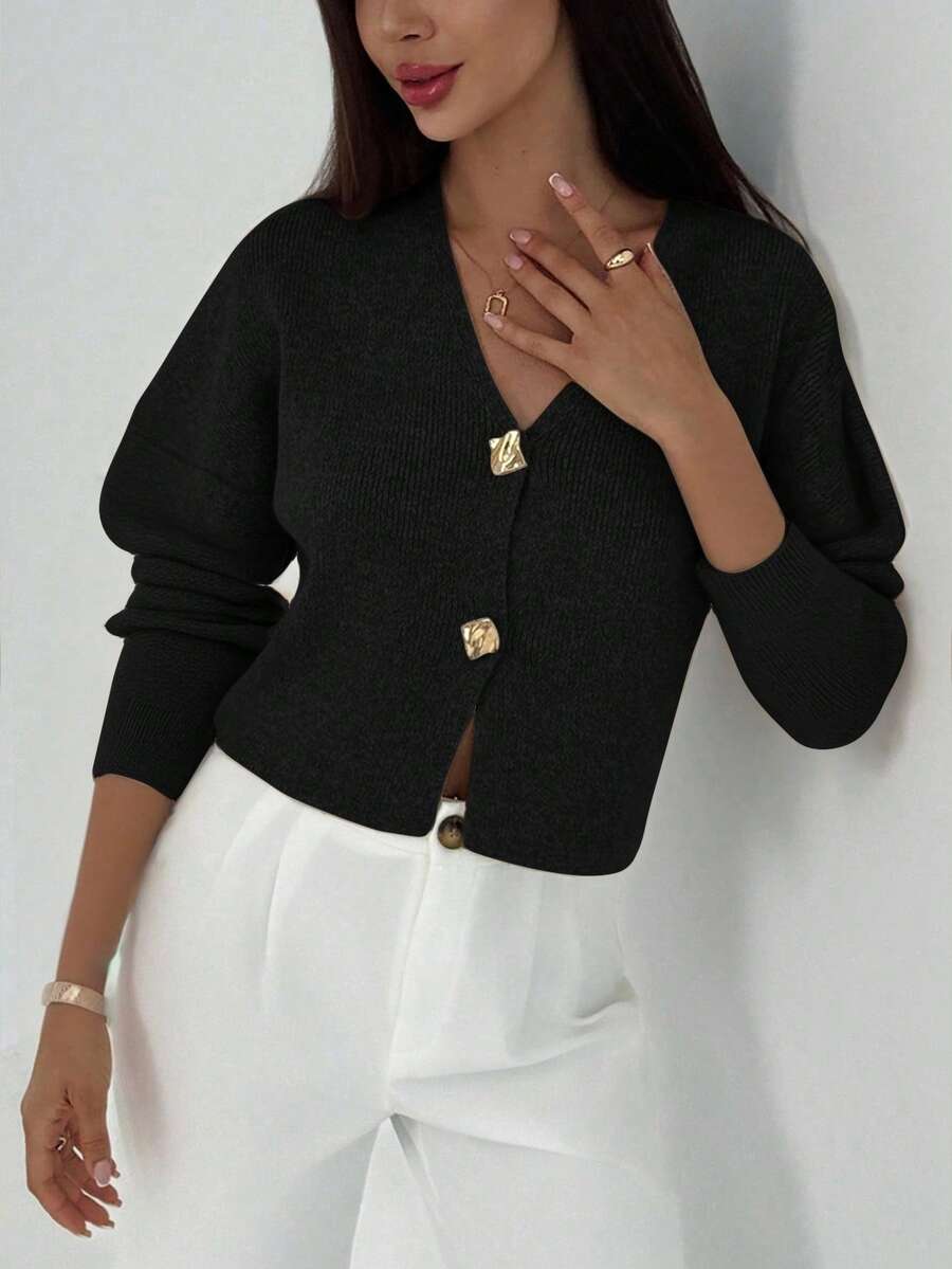 V Neck Long Sleeve Button Front Knit Cardigan