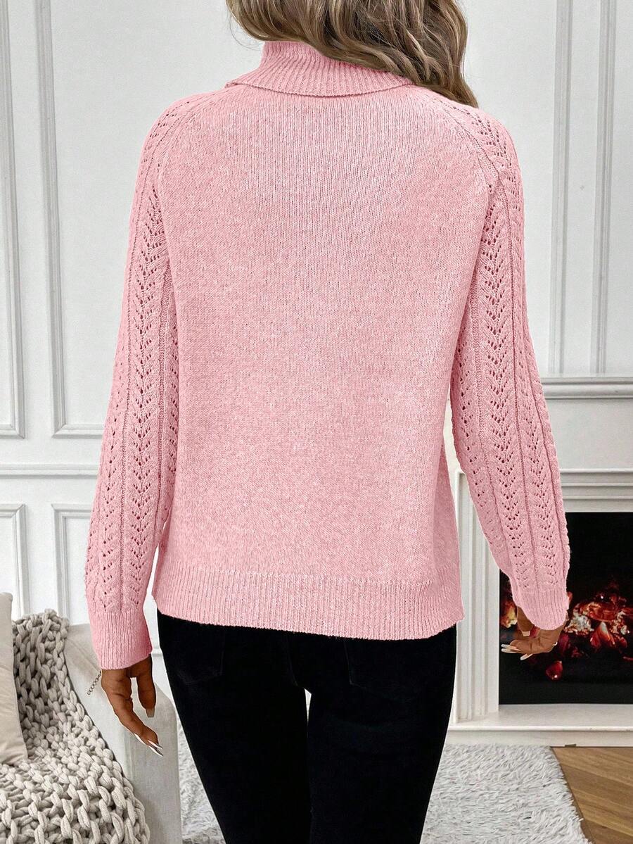 White Pointelle Hollow Out Raglan Sleeve Pullover Sweater Cozy Winter Casual Knit For Daily Wear