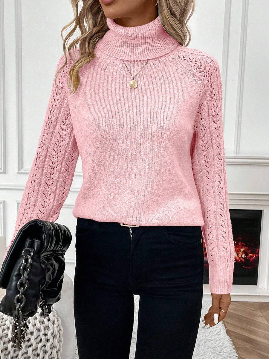 White Pointelle Hollow Out Raglan Sleeve Pullover Sweater Cozy Winter Casual Knit For Daily Wear