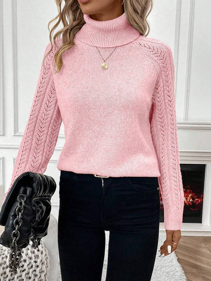 White Pointelle Hollow Out Raglan Sleeve Pullover Sweater Cozy Winter Casual Knit For Daily Wear