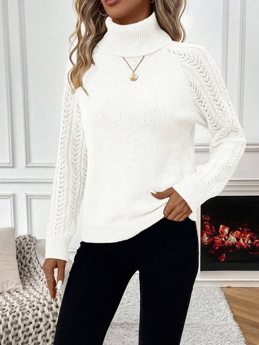 White Pointelle Hollow Out Raglan Sleeve Pullover Sweater Cozy Winter Casual Knit For Daily Wear