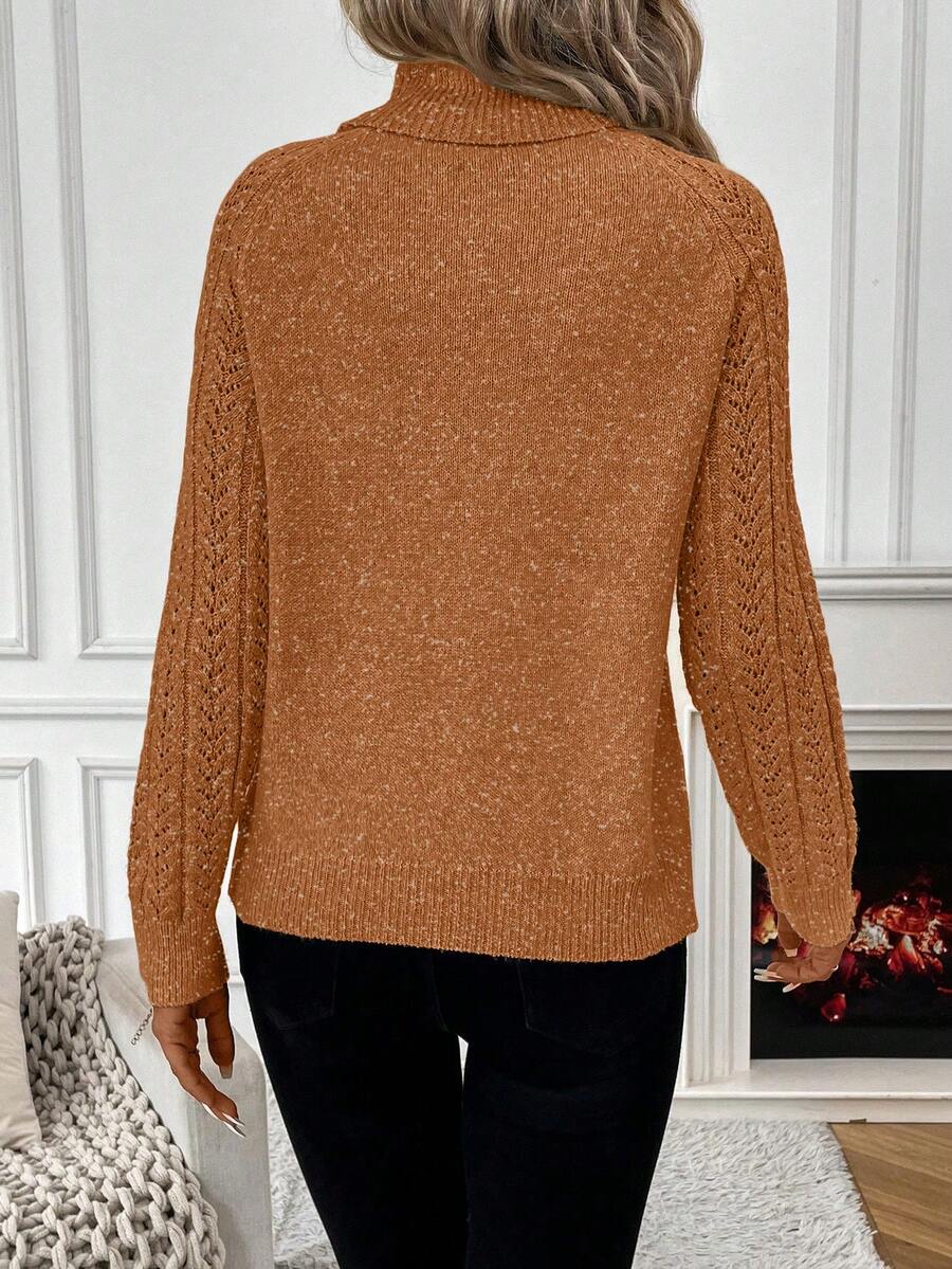 White Pointelle Hollow Out Raglan Sleeve Pullover Sweater Cozy Winter Casual Knit For Daily Wear
