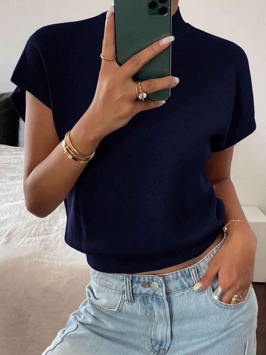 Batwing Knit Top Stand Collar