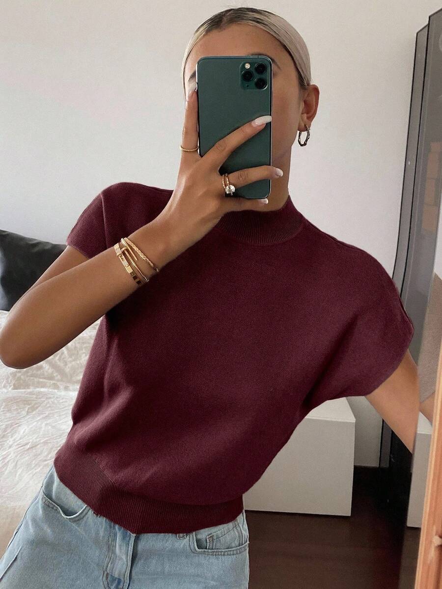 Batwing Knit Top Stand Collar