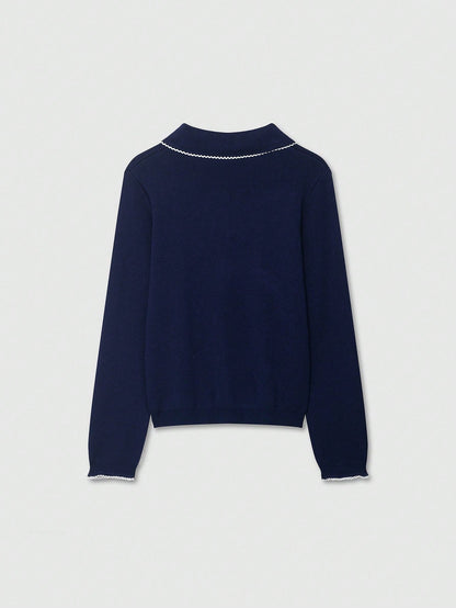 Navy Colorblock Button Collar Knit Cardigan