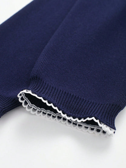 Navy Colorblock Button Collar Knit Cardigan