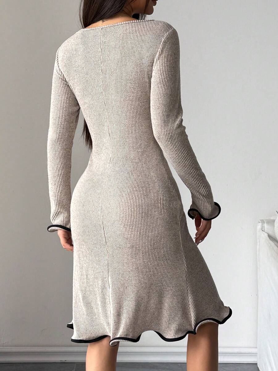Ribbed Knit Long Sleeve Bodycon Dress With Flounced Hem For Autumn Winter Elegance