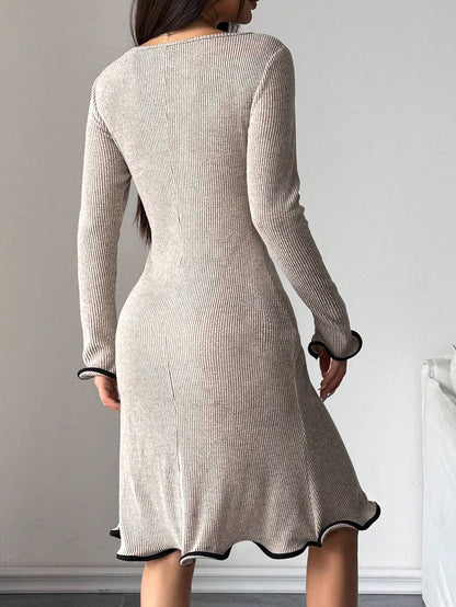 Ribbed Knit Long Sleeve Bodycon Dress With Flounced Hem For Autumn Winter Elegance