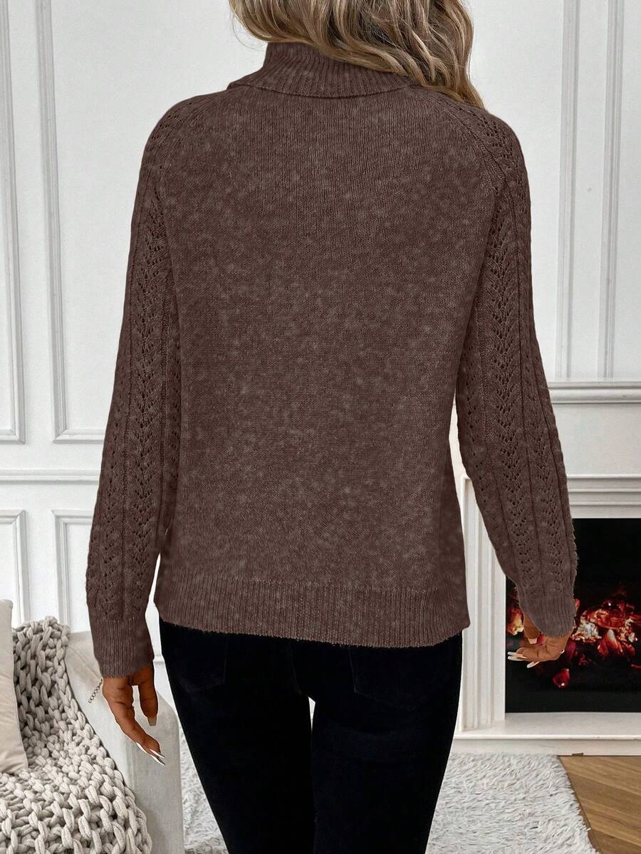 White Pointelle Hollow Out Raglan Sleeve Pullover Sweater Cozy Winter Casual Knit For Daily Wear