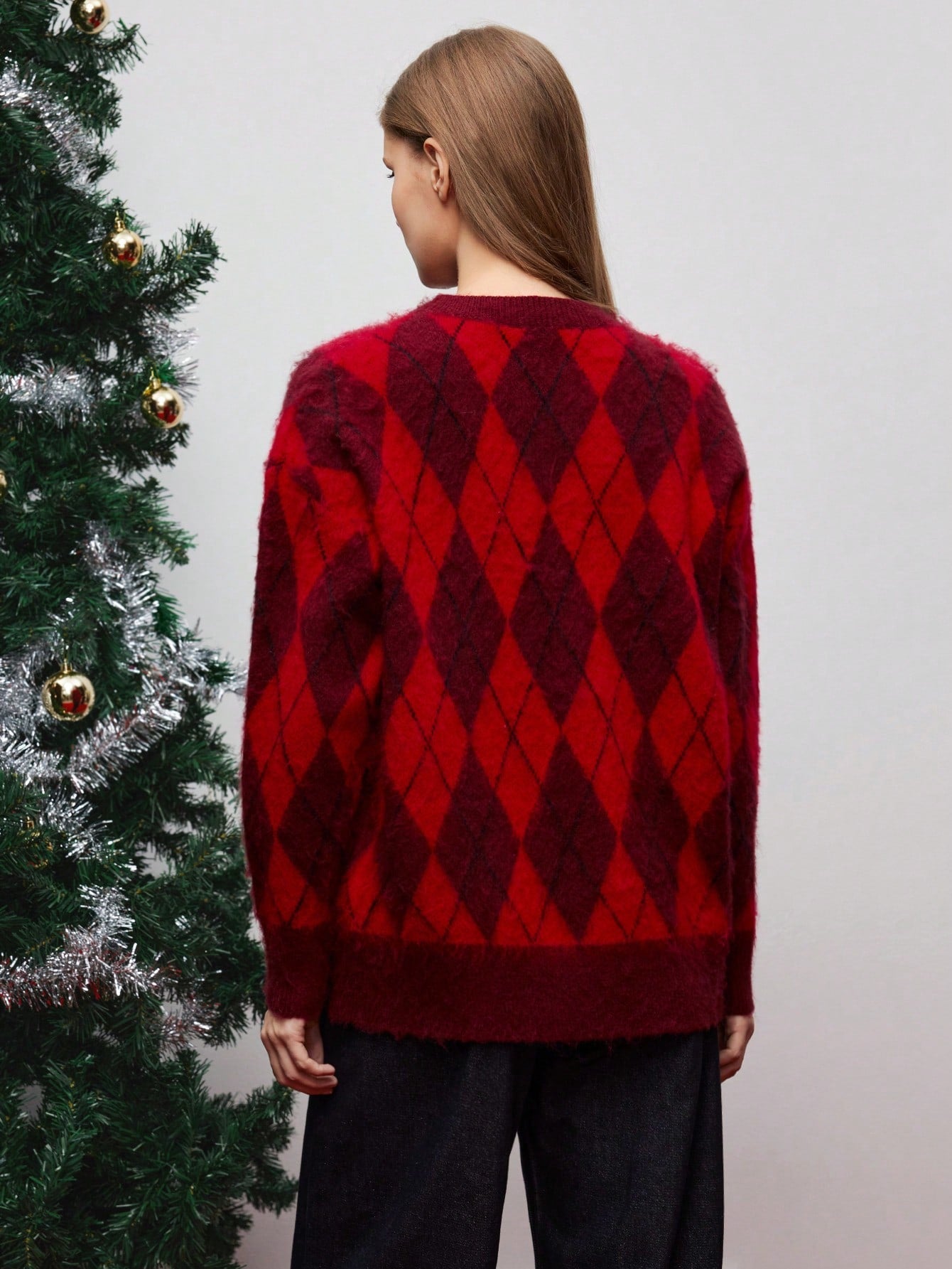 Holiday Red Color Block Diamond Knit Sweater