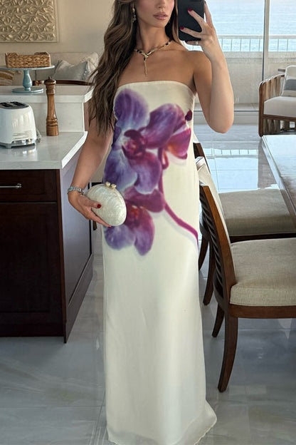 Elegant Strapless Floral Print Maxi Dress