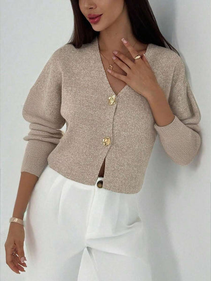 V Neck Long Sleeve Button Front Knit Cardigan