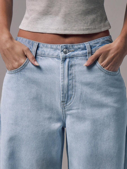 Mid Rise Wide Leg Denim Jeans With Silver Button Detail For Casual Everyday Wear
